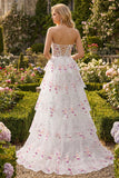 Floral White and Pink Sparkly Princess Tiered Maxi Prom Dress with Ruffles