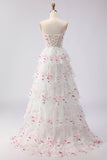 Floral White and Pink Sparkly Princess Tiered Maxi Prom Dress with Ruffles