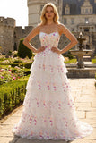 Floral White and Pink Sparkly Princess Tiered Maxi Prom Dress with Ruffles