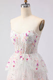 Floral White and Pink A Line Tiered Corset Lace Long Prom Dress