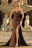 Brown Leopard Sweetheart Mermaid Long Prom Dress with Slit