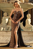 Brown Leopard Sweetheart Mermaid Long Prom Dress with Slit