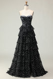 Sparkly Black and White Polka Dots Corset Long Ruffled Prom Dress