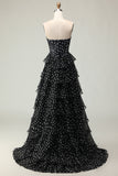 Sparkly Black and White Polka Dots Corset Long Ruffled Prom Dress