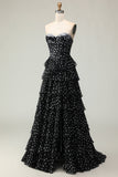Sparkly Black and White Polka Dots Corset Long Ruffled Prom Dress