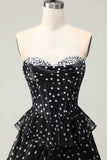 Sparkly Black and White Polka Dots Corset Long Ruffled Prom Dress