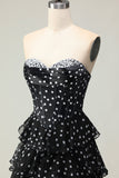 Sparkly Black and White Polka Dots Corset Long Ruffled Prom Dress
