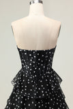 Sparkly Black and White Polka Dots Corset Long Ruffled Prom Dress