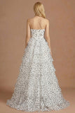 White Black Dot A Line Ruffled Corset Long Prom Dress with Slit