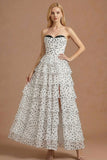 White Black Dot A Line Ruffled Corset Long Prom Dress with Slit
