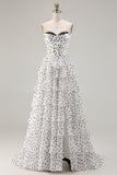 White Black Dot A Line Ruffled Corset Long Prom Dress with Slit