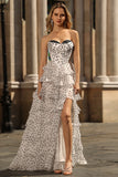 White and Black Polka Dots Corset Sweetheart Long Tiered Prom Dress with Slit