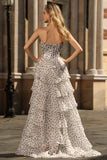 White and Black Polka Dots Corset Sweetheart Long Tiered Prom Dress with Slit