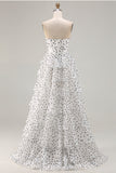 White Black Dot A Line Ruffled Corset Long Prom Dress with Slit