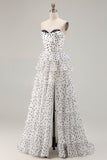 White Black Dot A Line Ruffled Corset Long Prom Dress with Slit