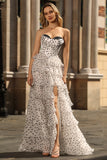 White and Black Polka Dots Corset Sweetheart Long Tiered Prom Dress with Slit