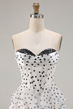 White Black Dot A Line Ruffled Corset Long Prom Dress with Slit