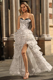 White and Black Polka Dots Corset Sweetheart Long Tiered Prom Dress with Slit