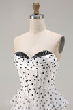 White Black Dot A Line Ruffled Corset Long Prom Dress with Slit