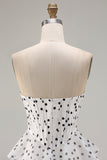 White Black Dot A Line Ruffled Corset Long Prom Dress with Slit