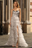 White and Black Polka Dots Corset Sweetheart Long Tiered Prom Dress with Slit
