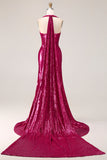 Sparkly Fuchsia Mermaid Halter Neck Sequin Long Prom Dress with Cape