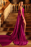 Fuchsia Glitter Halter Mermaid Long Prom Dress with Slit