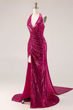 Sparkly Fuchsia Mermaid Halter Neck Sequin Long Prom Dress with Cape