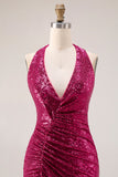 Sparkly Fuchsia Mermaid Halter Neck Sequin Long Prom Dress with Cape
