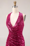 Sparkly Fuchsia Mermaid Halter Neck Sequin Long Prom Dress with Cape