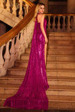 Fuchsia Glitter Halter Mermaid Long Prom Dress with Slit