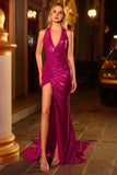 Fuchsia Glitter Halter Mermaid Long Prom Dress with Slit