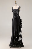 Black and White Polka Dots Mermaid Asymmetrical Corset Prom Dress with Ruffles