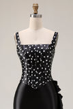 Black and White Polka Dots Mermaid Asymmetrical Corset Prom Dress with Ruffles