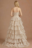 A Line Apricot Black Dot Ruffled Tiered Long Prom Dress with Slit