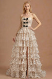 A Line Apricot Black Dot Ruffled Tiered Long Prom Dress with Slit