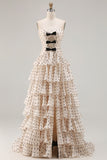 A Line Apricot Black Dot Ruffled Tiered Long Prom Dress with Slit