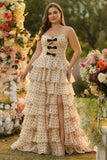 Apricot Black Dot Keyhole Sweetheart Long Tiered Prom Dress with Slit