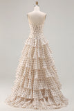 A Line Apricot Black Dot Ruffled Tiered Long Prom Dress with Slit
