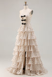 A Line Apricot Black Dot Ruffled Tiered Long Prom Dress with Slit