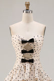 A Line Apricot Black Dot Ruffled Tiered Long Prom Dress with Slit