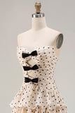A Line Apricot Black Dot Ruffled Tiered Long Prom Dress with Slit