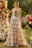Apricot Black Dot Keyhole Sweetheart Long Tiered Prom Dress with Slit