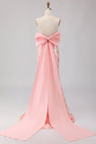 Sparkly Blush Halter Neck Floral Mermaid Maxi Corset Prom Dress with Bow