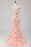 Sparkly Blush Halter Neck Floral Mermaid Maxi Corset Prom Dress with Bow