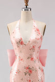 Sparkly Blush Halter Neck Floral Mermaid Maxi Corset Prom Dress with Bow