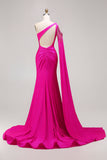 Sparkly Fuchsia Beaded One Shoulder Mermaid Long Prom Dress with Cape
