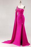 Sparkly Fuchsia Beaded One Shoulder Mermaid Long Prom Dress with Cape