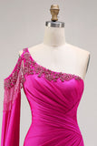 Sparkly Fuchsia Beaded One Shoulder Mermaid Long Prom Dress with Cape