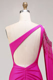 Sparkly Fuchsia Beaded One Shoulder Mermaid Long Prom Dress with Cape
